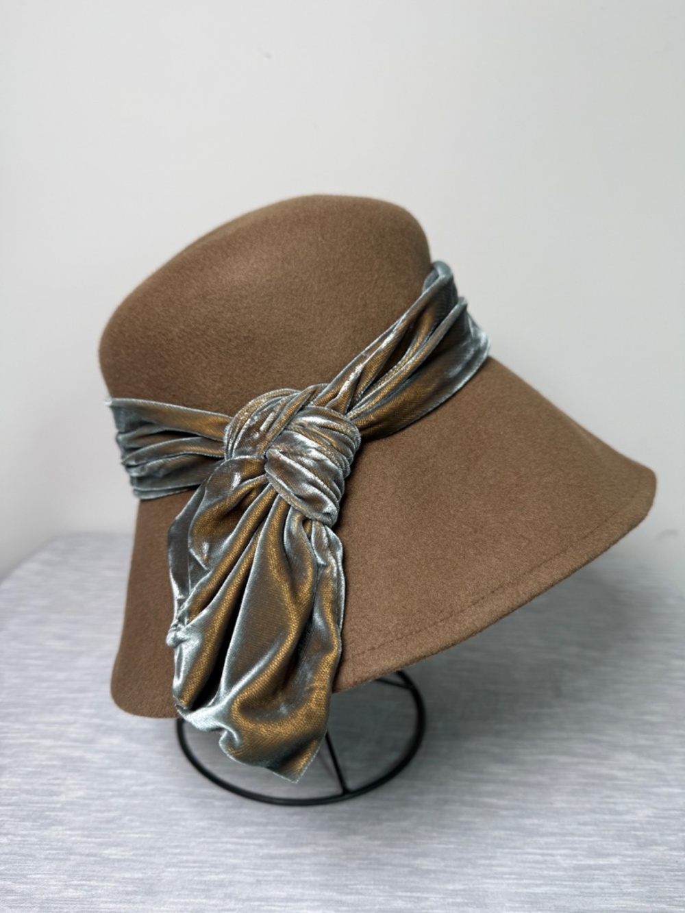 Vintage Laura Ashley Wool Wide Brim Brown Hat Bronze Bow Made in Great Britain